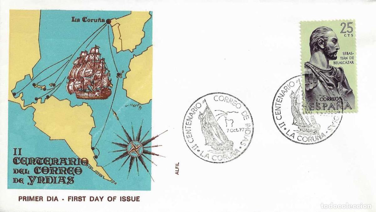Sellos: BARCOS II CENTENARIO CORREO DE INDIAS, LA CORU&Ntilde;A 1977. RARO MATASELLOS EN SOBRE DE ALFIL