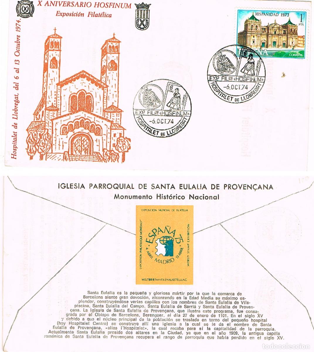 Sellos: A&Ntilde;O 1974, HOSPITALET DE LLOBREGAT. 10&ordm; ANIVERSARIO DE HOSFINUM, SOBRE OFICIAL CON VI&Ntilde;ETA DE ESPA&Ntilde;A 7
