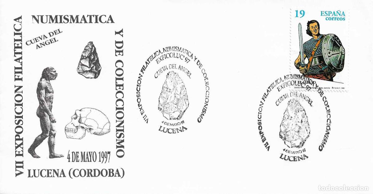 Sellos: PREHISTORIA HOMO ERECTUS CUEVA DEL ANGEL, LUCENA (CORDOBA) 1997. MATASELLOS EN RARO SOBRE ILUSTRADO