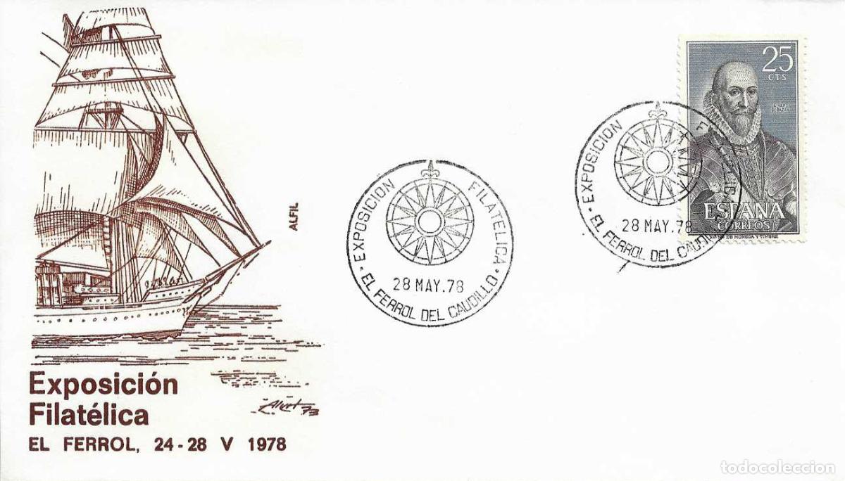 Sellos: BARCOS EXPOSICION FILATELICA, EL FERROL DEL CAUDILLO (CORU&Ntilde;A) 28 MAYO 1978 MATASELLOS EN SOBRE ALFIL