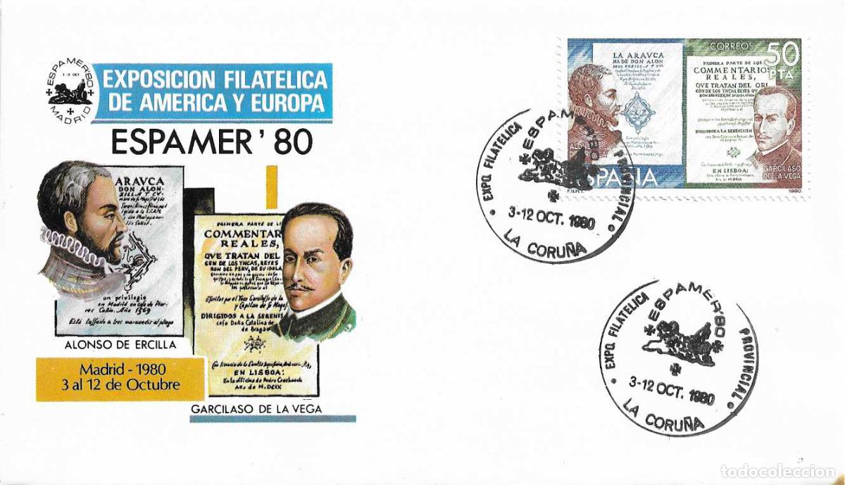 Sellos: ESPAMER 80 EXPOSICION AMERICA Y EUROPA, LA CORU&Ntilde;A 1980. MATASELLOS EN SOBRE GARCILASO DE LA VEGA