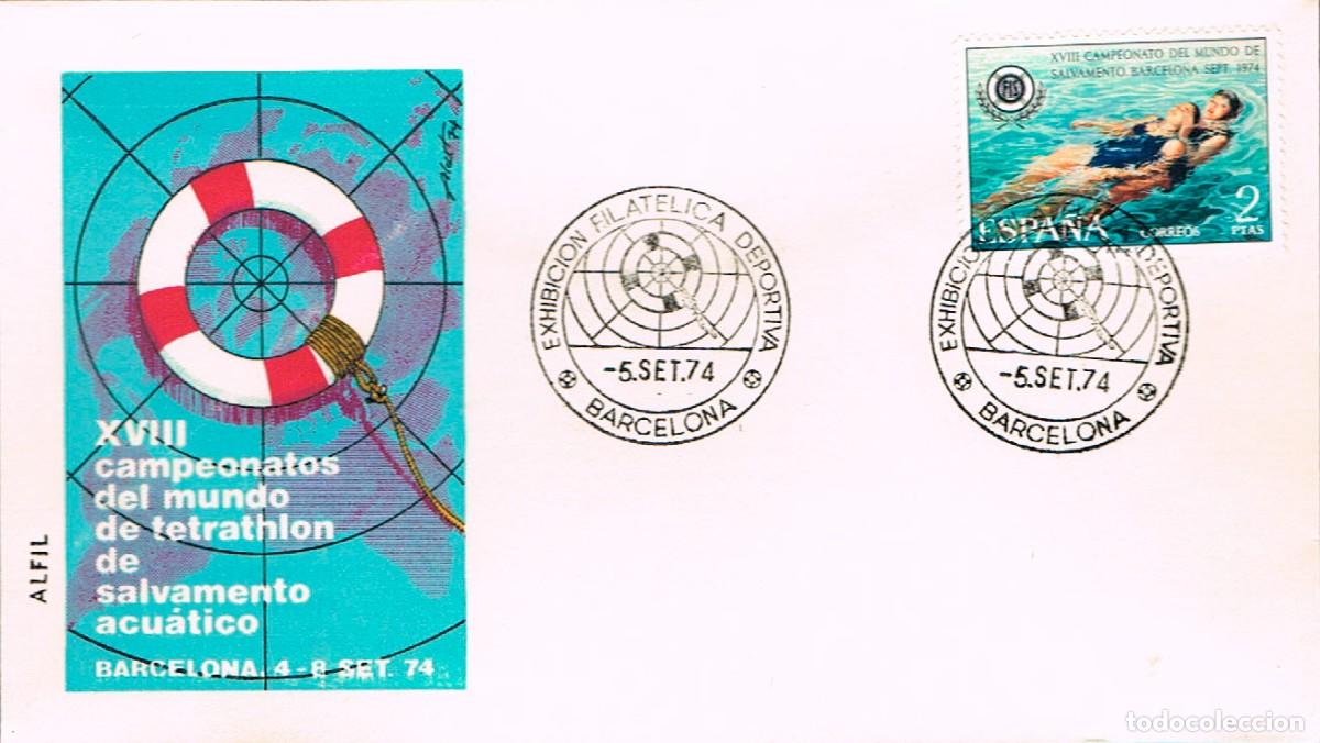 Selos: EDIFIL 2202, TETRATHON, CAMPEONATO MUNDO SALVAMENTO Y SOCORRISMO, PRIMER DIA ESPECIA 5-9-1974 ALFIL