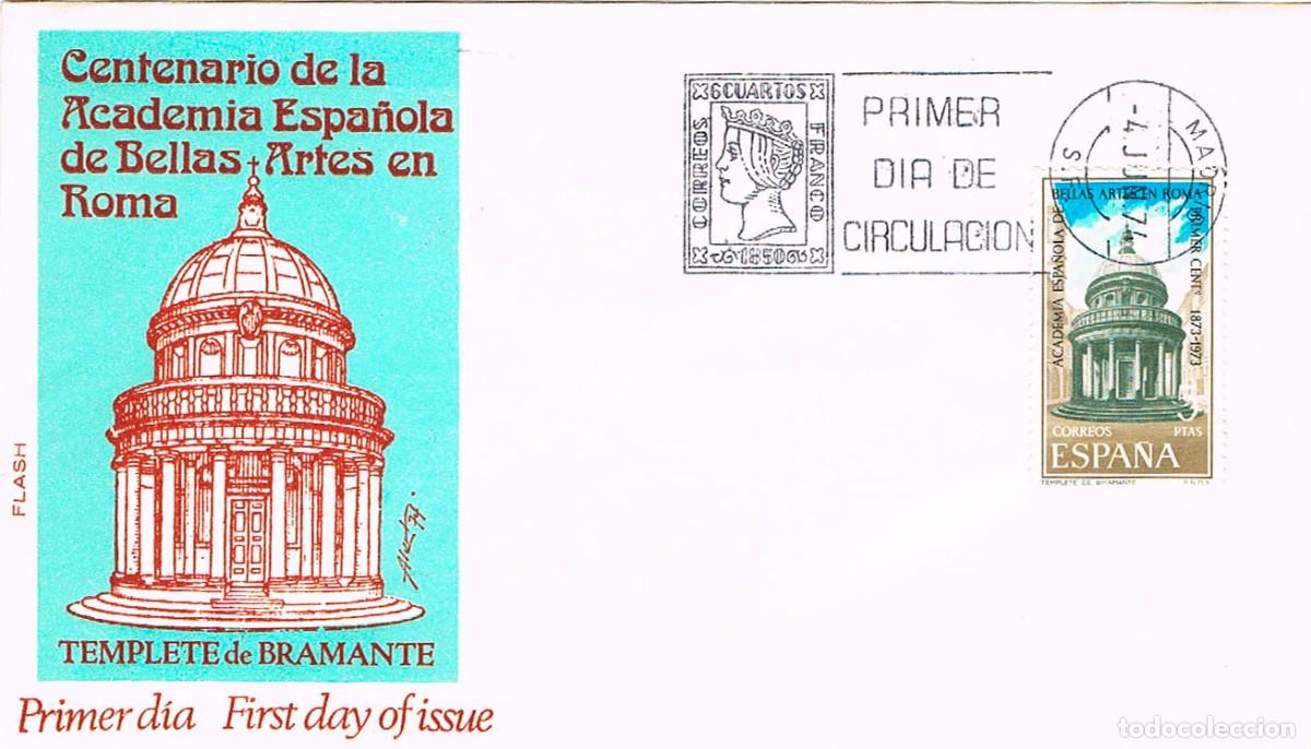 Sellos: EDIFIL 2183, CENTENARIO DE LA ACADEMIA DE BELLAS ARTES DE ROMA, PRIMER DIA 4-6-1974 FLASH/ALFIL