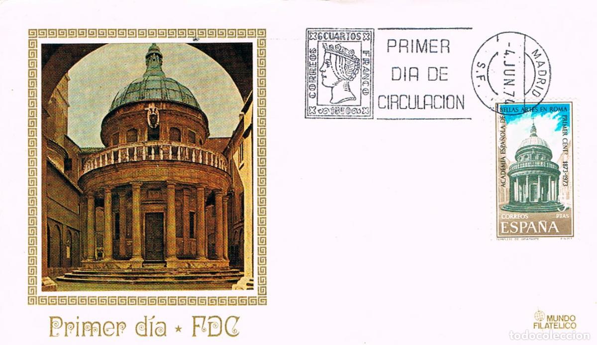 Sellos: EDIFIL 2183, CENTENARIO DE LA ACADEMIA DE BELLAS ARTES DE ROMA, PRIMER DIA 4-6-1974 MUNDO FILATELICO