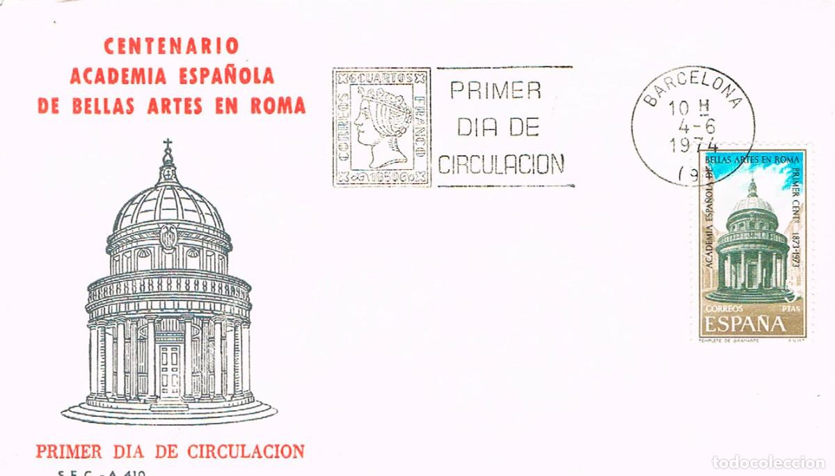 Sellos: EDIFIL 2183, CENTENARIO DE LA ACADEMIA DE BELLAS ARTES DE ROMA, PRIMER DIA 4-6-1974, SFC