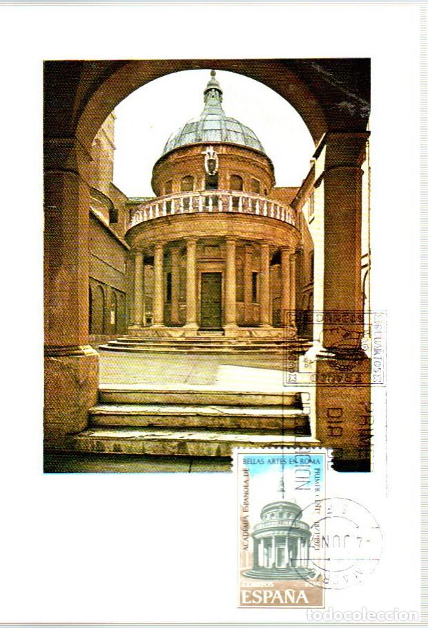 Sellos: EDIFIL 2183, CENTENARIO DE LA ACADEMIA DE BELLAS ARTES DE ROMA,TARJETA AXIMA DE PRIMER DIA 4-6-1974
