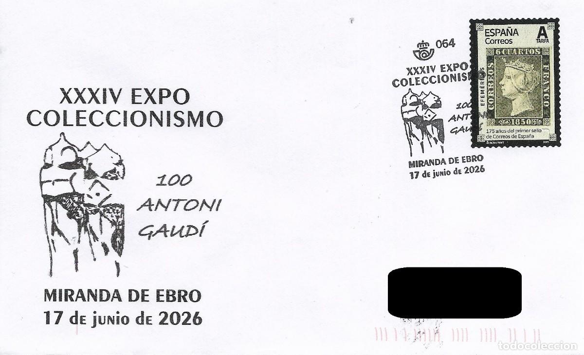 Sellos: ESPA&Ntilde;A. MATASELLOS ESPECIAL. CENTENARIO ANTONI GAUDI. MIRANDA DE EBRO. 2026