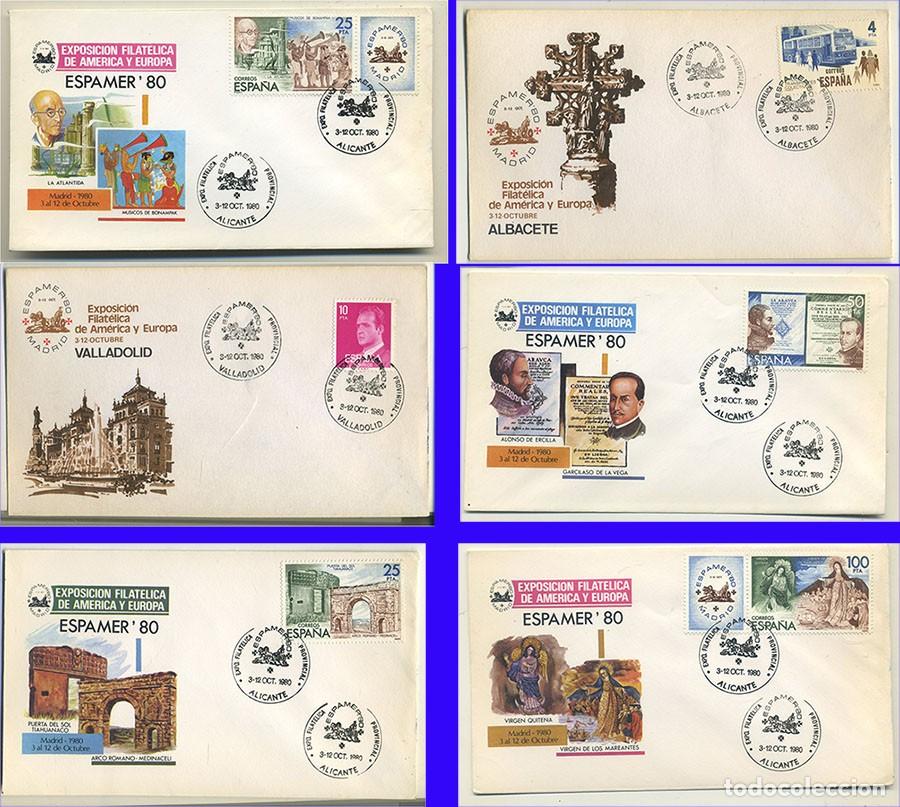 Sellos: 6 SOBRES DISTINTOS ESPAMER 80 SELLADOS EN ALICANTE ALBACETE Y VALLADOLID