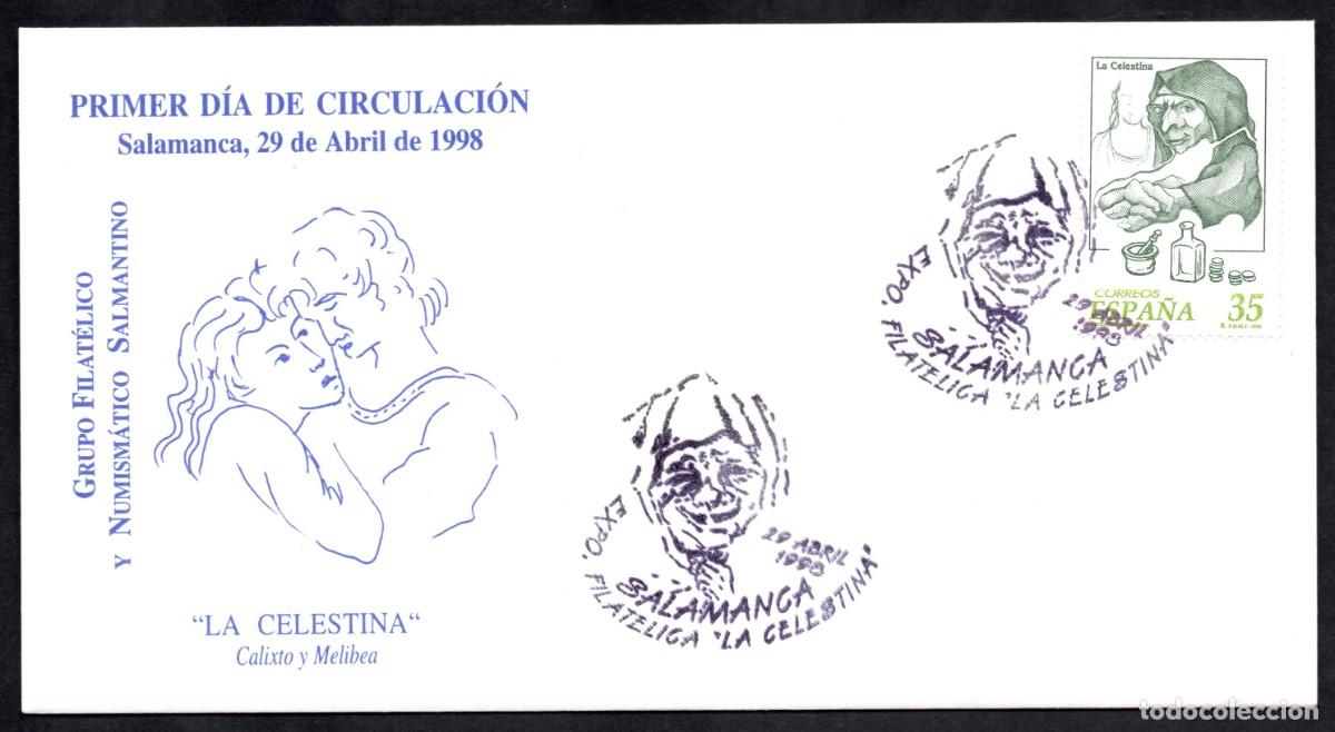 Sellos: SOBRE PRIMER D&Iacute;A CIRCULACI&Oacute;N CONM. EXPOSICI&Oacute;N FILAT&Eacute;LICA &rdquo;LA CELESTINA&rdquo; SALAMANCA 1998