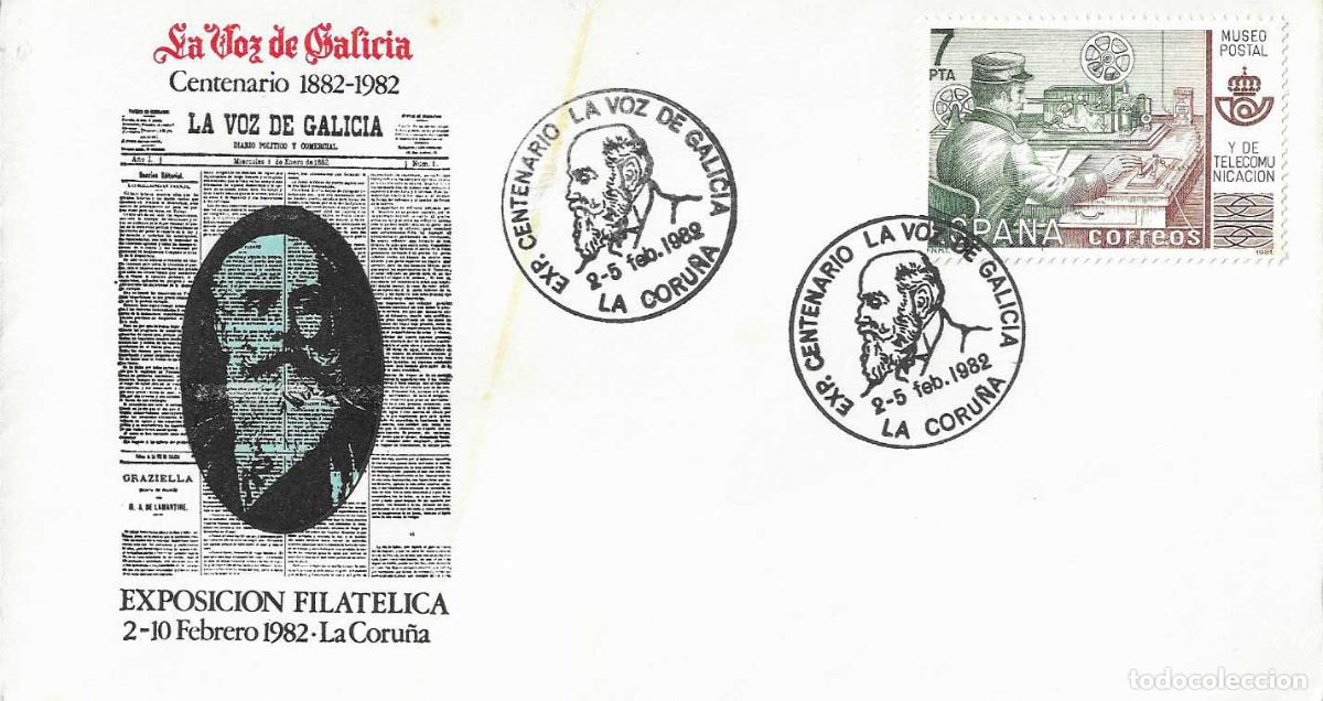 Sellos: PRENSA LA VOZ DE GALICIA CENTENARIO, LA CORU&Ntilde;A 1982. MATASELLOS EN RARO SOBRE ILUSTRADO MOD 2