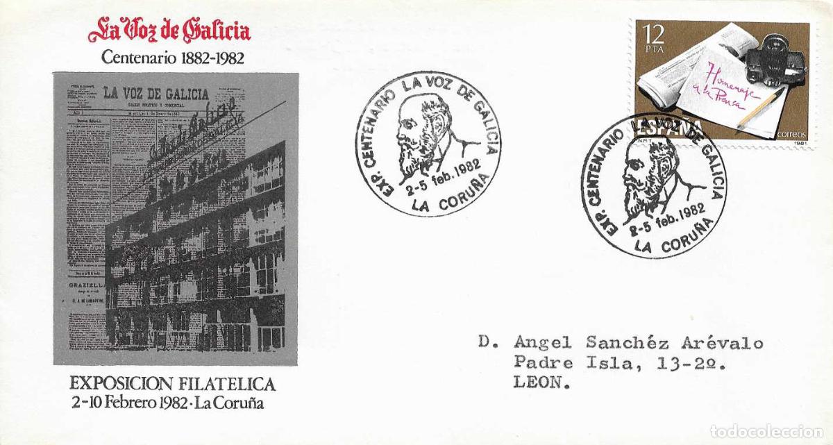 Sellos: PRENSA LA VOZ DE GALICIA CENTENARIO, LA CORU&Ntilde;A 1982. MATASELLOS EN RARO SOBRE ILUSTRADO MOD 1