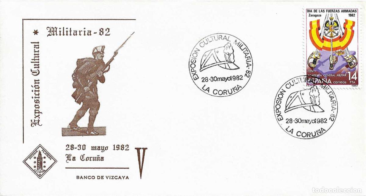 Sellos: UNIFORMES MILITARES MILITARIA 82 EXPOSICION, LA CORU&Ntilde;A 1982. MATASELLOS EN RARO SOBRE ILUSTRADO