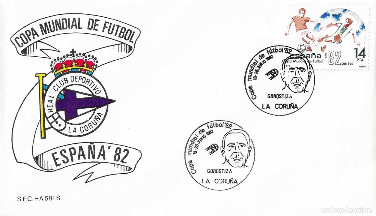 Sellos: FUTBOL GOROSTIZA COPA MUNDIAL ESPA&Ntilde;A 82, LA CORU&Ntilde;A 1982. MATASELLOS EN SOBRE DEL SERVICIO FILATELICO