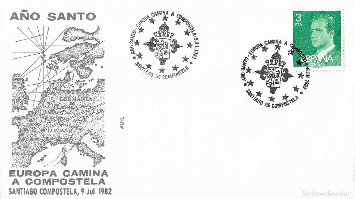 Sellos: EL CAMINO DE SANTIAGO A&Ntilde;O SANTO EUROPA CAMINA A COMPOSTELA (CORU&Ntilde;A) 1982 RARO MATASELLOS SOBRE ALFIL