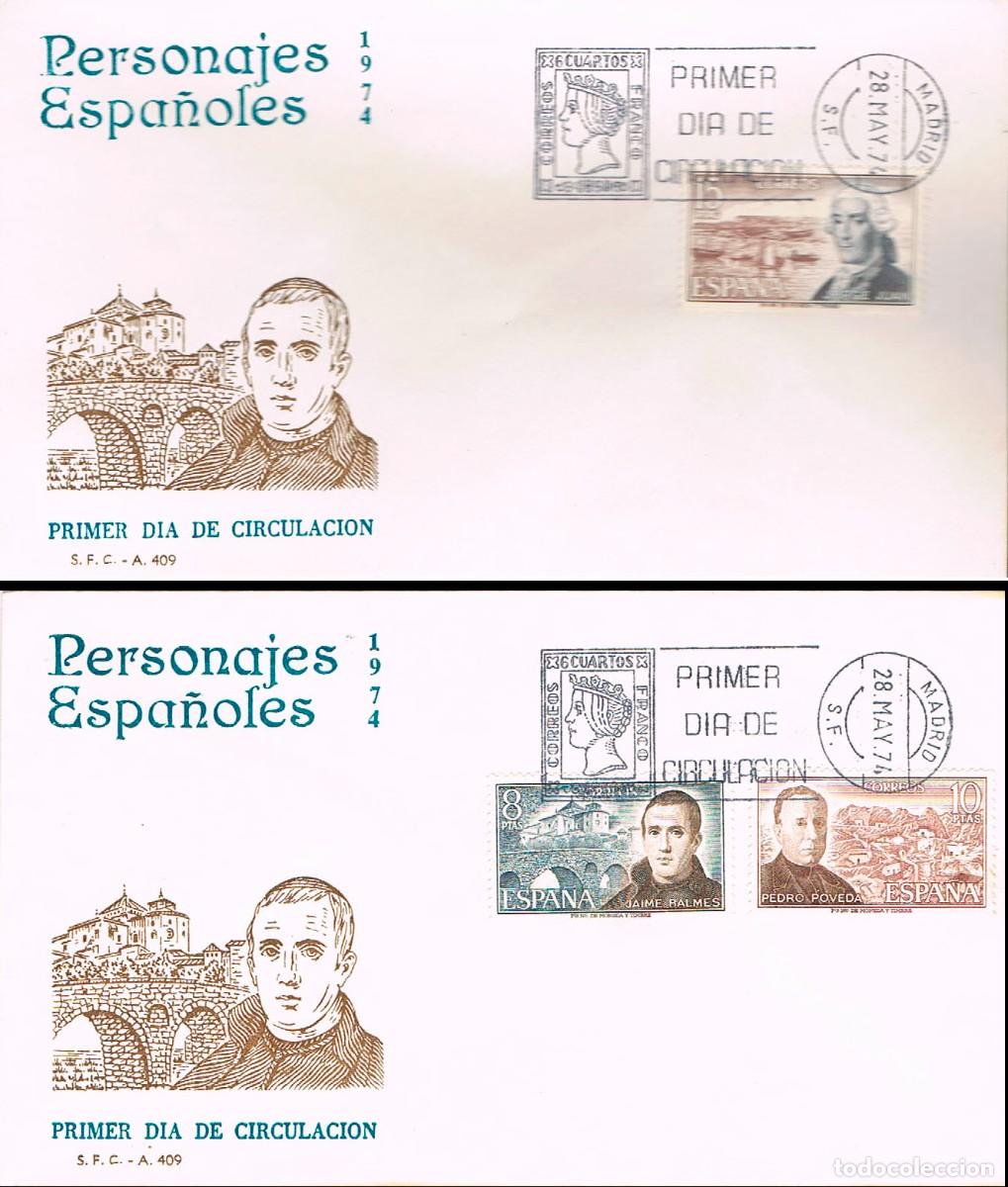 Sellos: EDIFIL 2180/2, PERSONAJES ESPA&Ntilde;OLES (BALMES, POVEDA Y JORGE JUAN), PRIMER DIA DE 24-5-1974 SFC