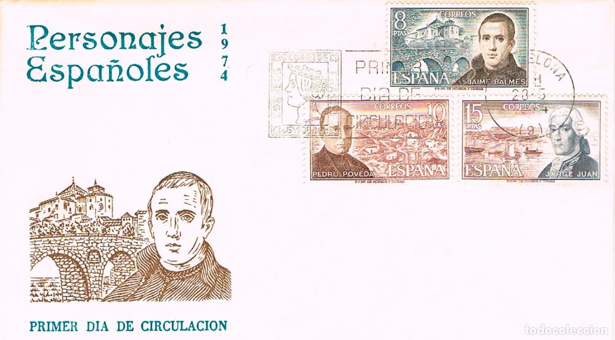 Sellos: EDIFIL 2180/2, PERSONAJES ESPA&Ntilde;OLES (BALMES, POVEDA Y JORGE JUAN), PRIMER DIA DE 24-5-1974 SFC