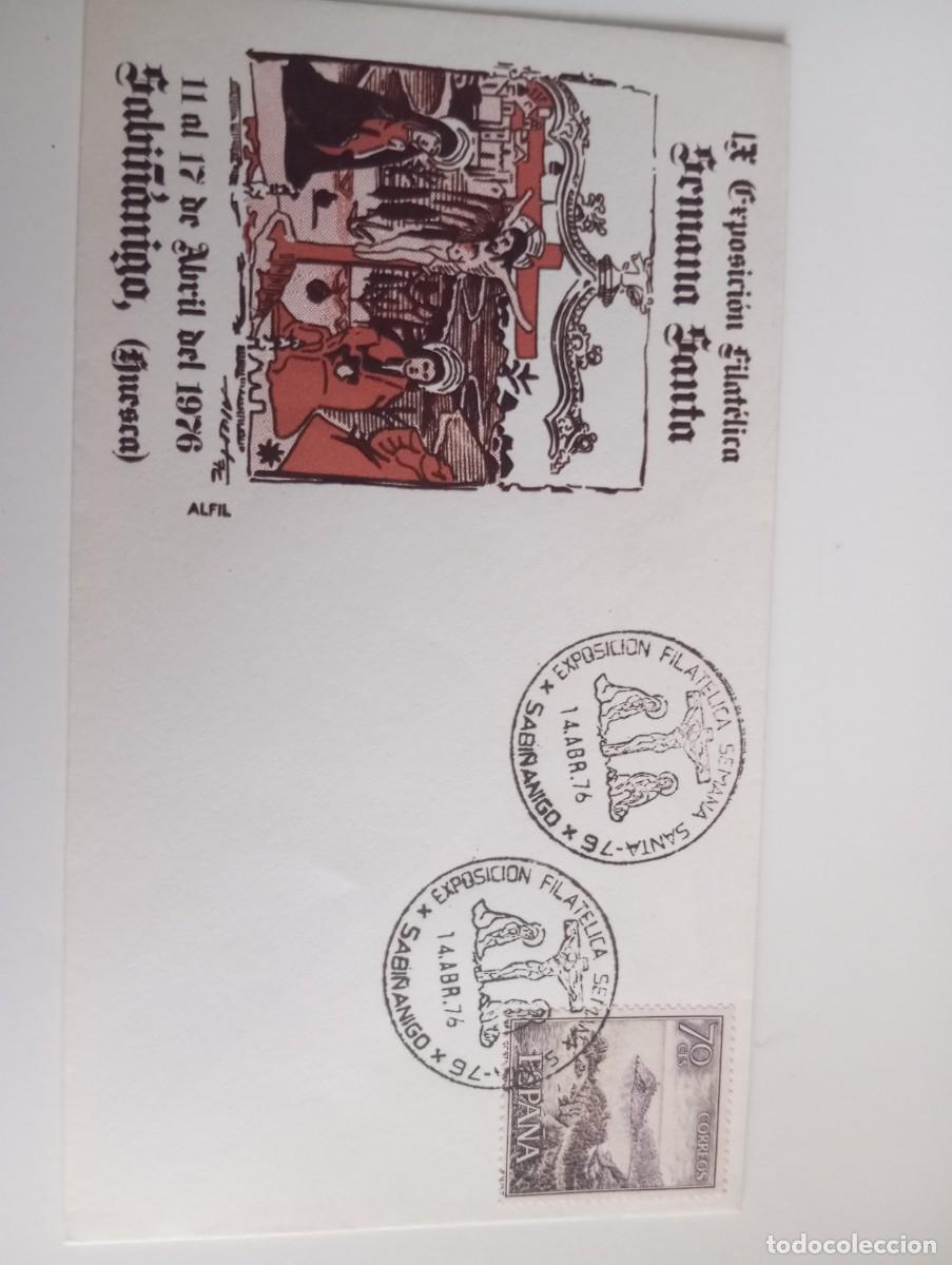 Sellos: ESPA&Ntilde;A, 1976, IX EXPOSICI&Oacute;N FILAT&Eacute;LICA SEMANA SANTA, SABI&Ntilde;ANIGO