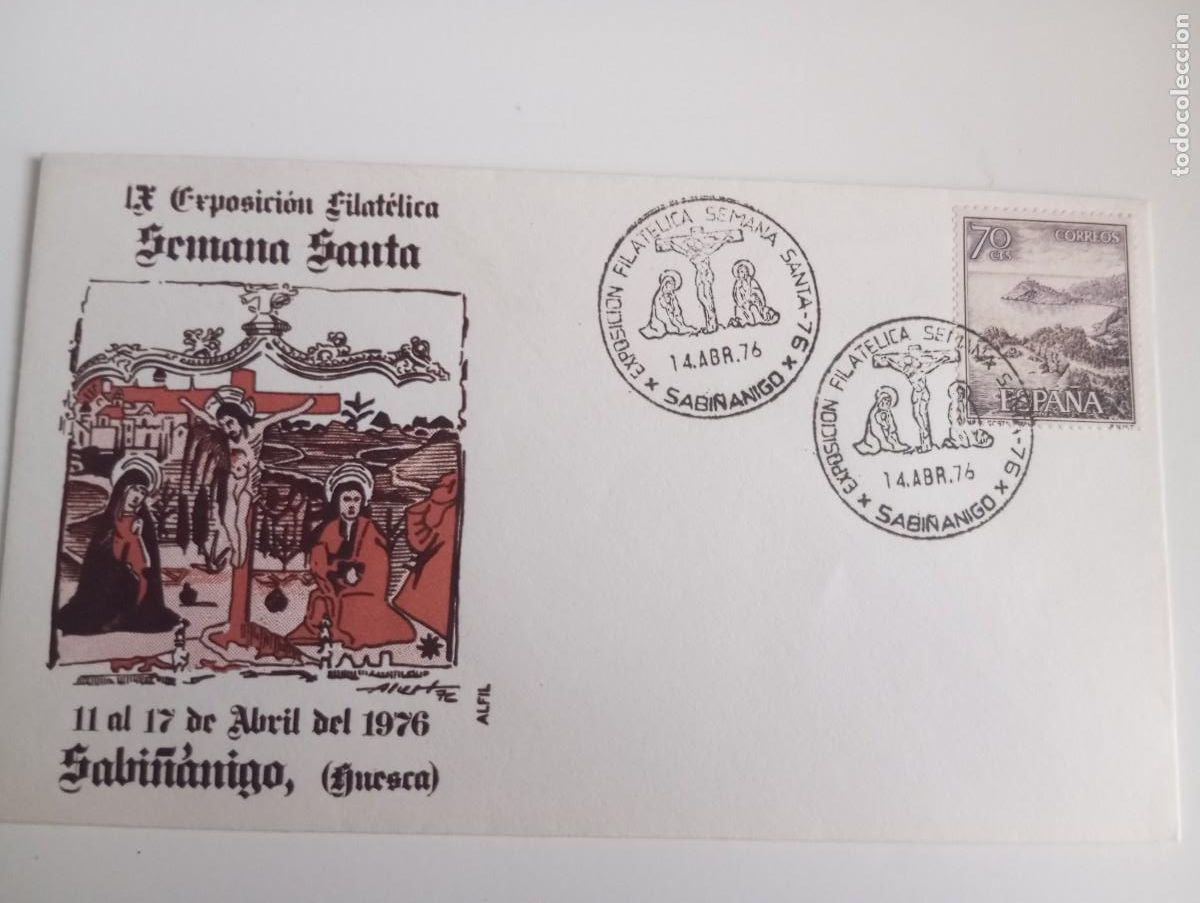 Sellos: ESPA&Ntilde;A, 1976, IX EXPOSICI&Oacute;N FILAT&Eacute;LICA SEMANA SANTA, SABI&Ntilde;ANIGO