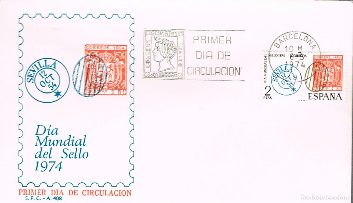 Sellos: EDIFIL 2179, DIA MUNDIAL DEL SELLO, SEVILLA, PRIMER DIA DE 6-5-1974 SOBRE DEL SFC