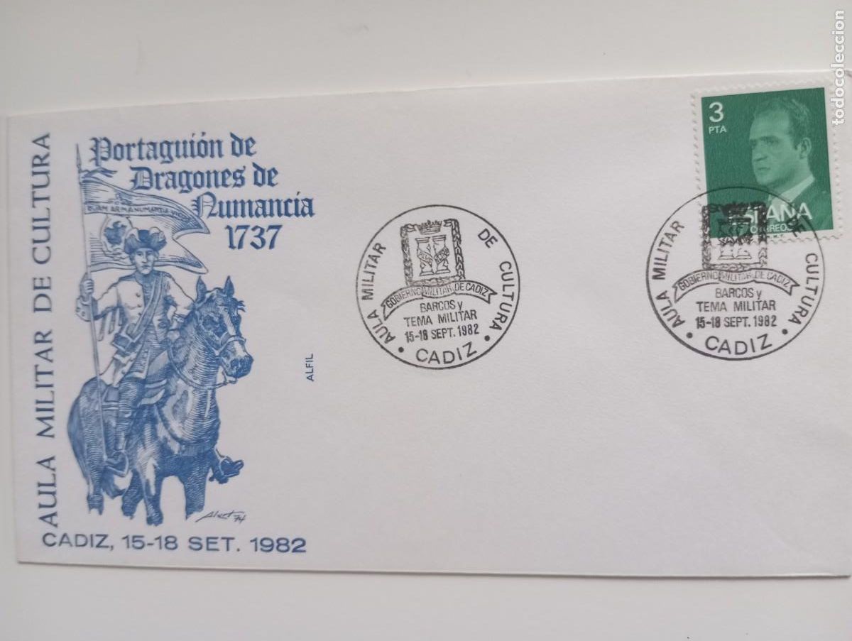 Sellos: ESPA&Ntilde;A, 1982, &Aacute;REA MILITAR DE CULTURA, PORTAGUI&Oacute;N DRAGONES NUMANCIA, 1737