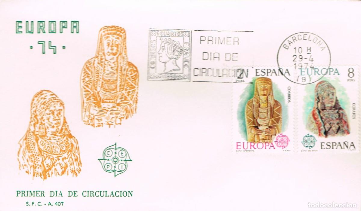 Sellos: EDIFIL 2177/8, EUROPA 1974, DAMA DE BAZA Y ALBACETE, PRIMER DIA DE 29-4-1974 sobre del sfc