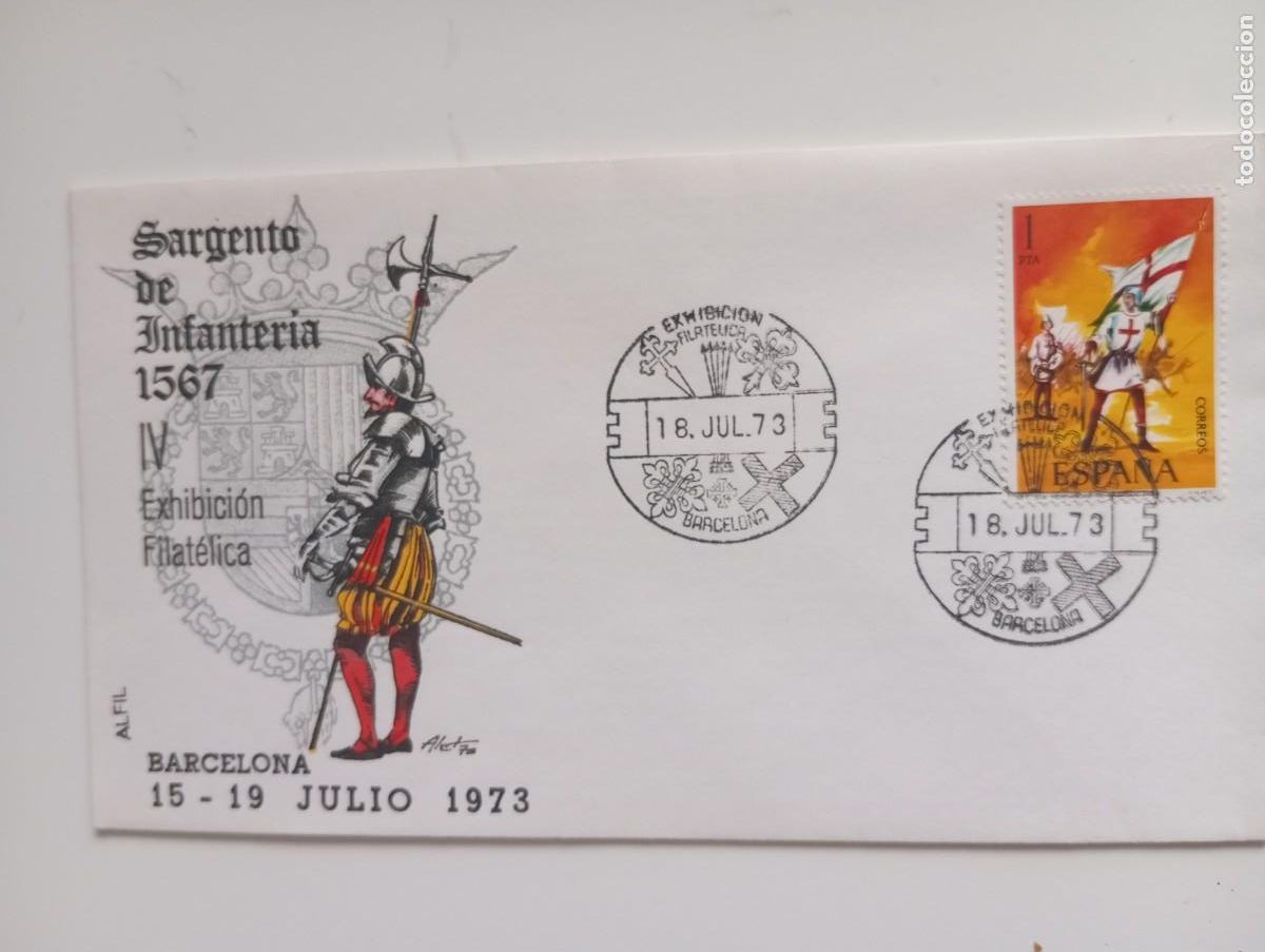 Sellos: ESPA&Ntilde;A, 1973, IV EXHIBICI&Oacute;N FULATELUCA, BARCELONA, SARGENTO INFANTER&Iacute;A,1567