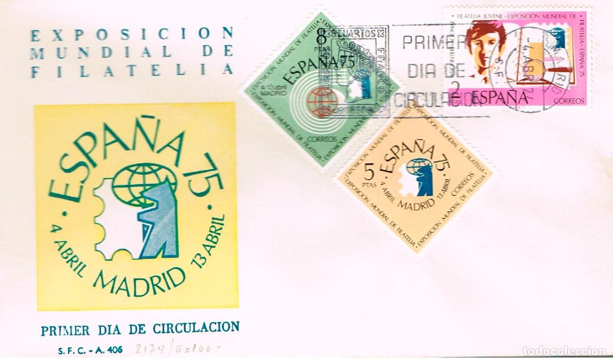 Sellos: EDIFIL 2174/6, EXPOSICION MUNDIAL DE FILATELIA ESPA&Ntilde;A 75, MATASELLO PRIMER DIA DE 4-4-1974 SFC