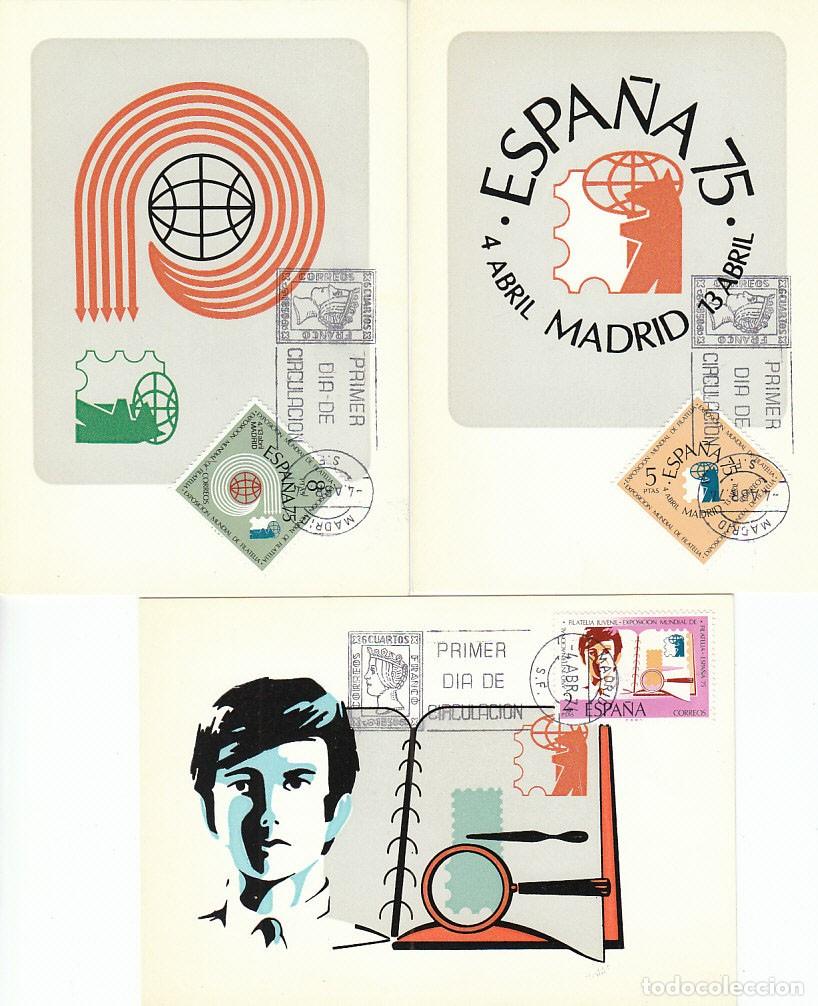 Sellos: EDIFIL 2174/6, FILATELIA JUVENIL, ESPA&Ntilde;A 75, TARJETA MAXIMA DE PRIMER DIA DE 4-4-1974 (SERIE COMPLET