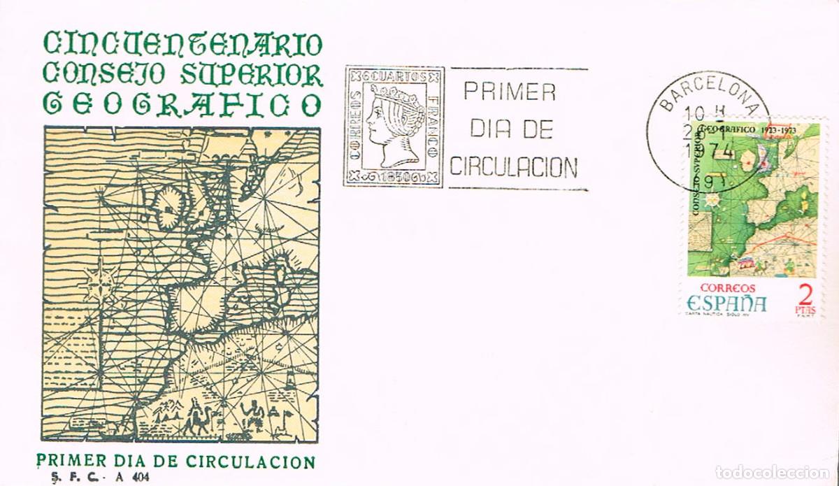 Sellos: EDIFIL 2172, 50 ANIV&ordm; DEL CONSEJO GENERAL GEOGRAFICO, PRIMER DIA DE 26-1-1974, SOBRE DEL SFC