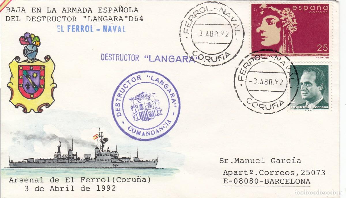 Sellos: MATASELLOS FERROL NAVAL EN SOBRE BAJA EN LA ARMADA DESTRUCTOR LANGARA - 1992