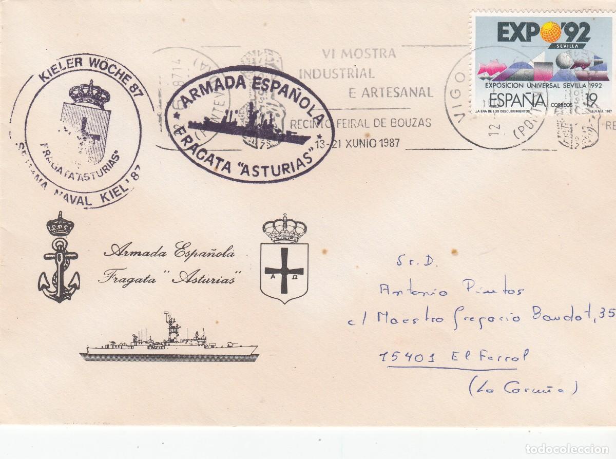 Sellos: MATASELLOS RODILLO MOSTRA INDUSTRIAL Y ART. - VIGO - 1987 EN SOBRE ARMADA ESPA&Ntilde;OLA