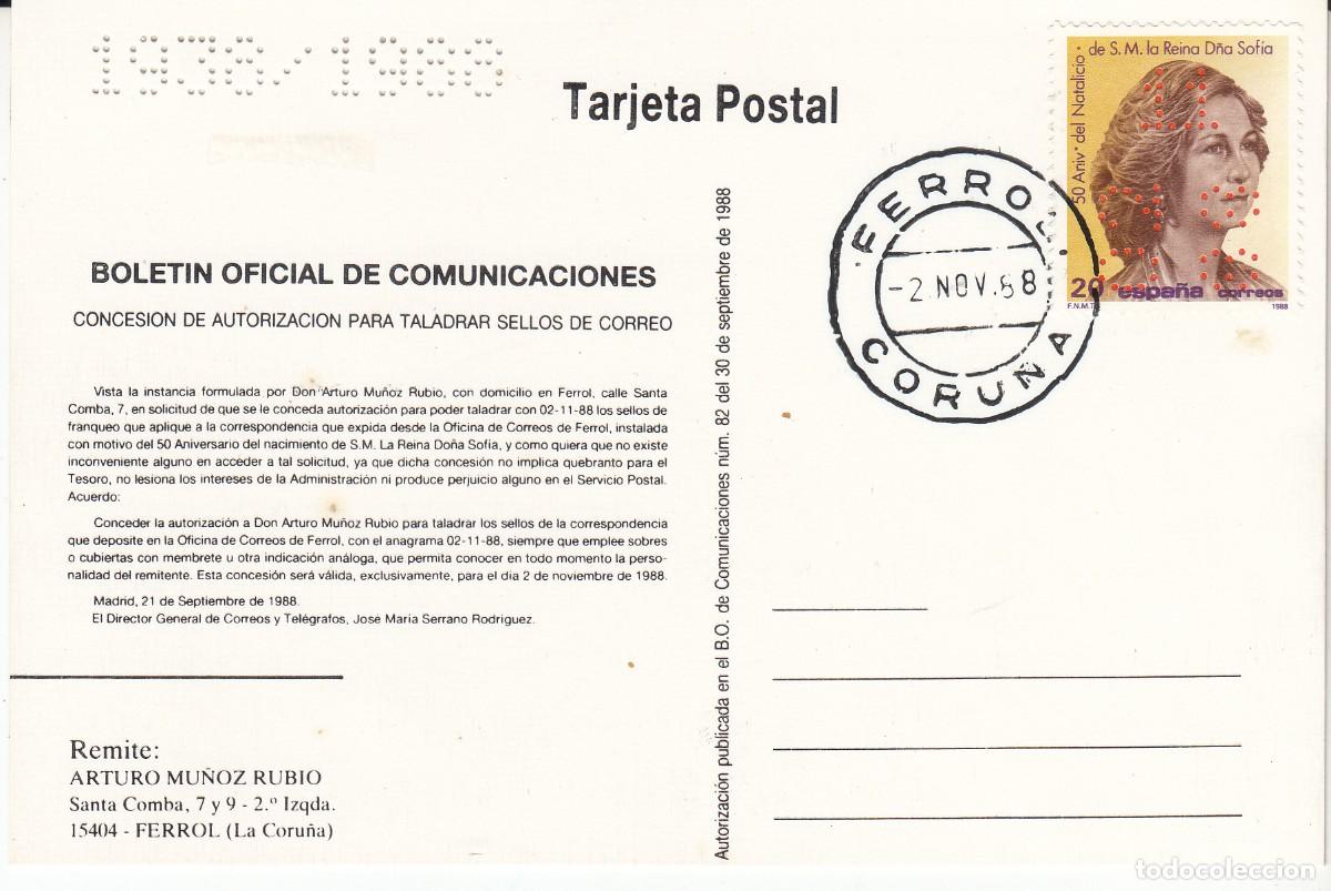 Sellos: TEM. MONARQU&Iacute;A - MATASELLOS DEL FERROL- 1988 - CON TALADRO 1938/1988 REINA SOF&Iacute;A