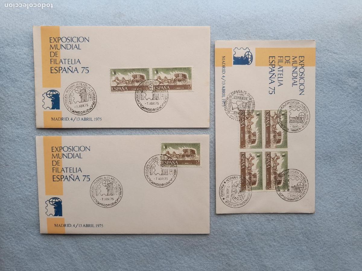 Timbres: Lote de 3 Sobres Exposici&oacute;n Mundial de Filatelia Espa&ntilde;a 75. Madrid.