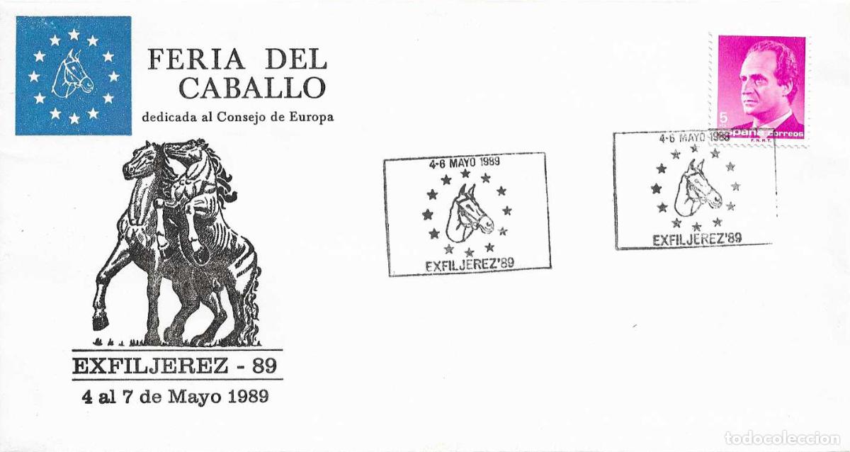 Sellos: CABALLOS FERIA DEL CABALLO DEDICADA AL CONSEJO DE EUROPA, JEREZ (CADIZ) 1989. MATASELLOS RARO SOBRE