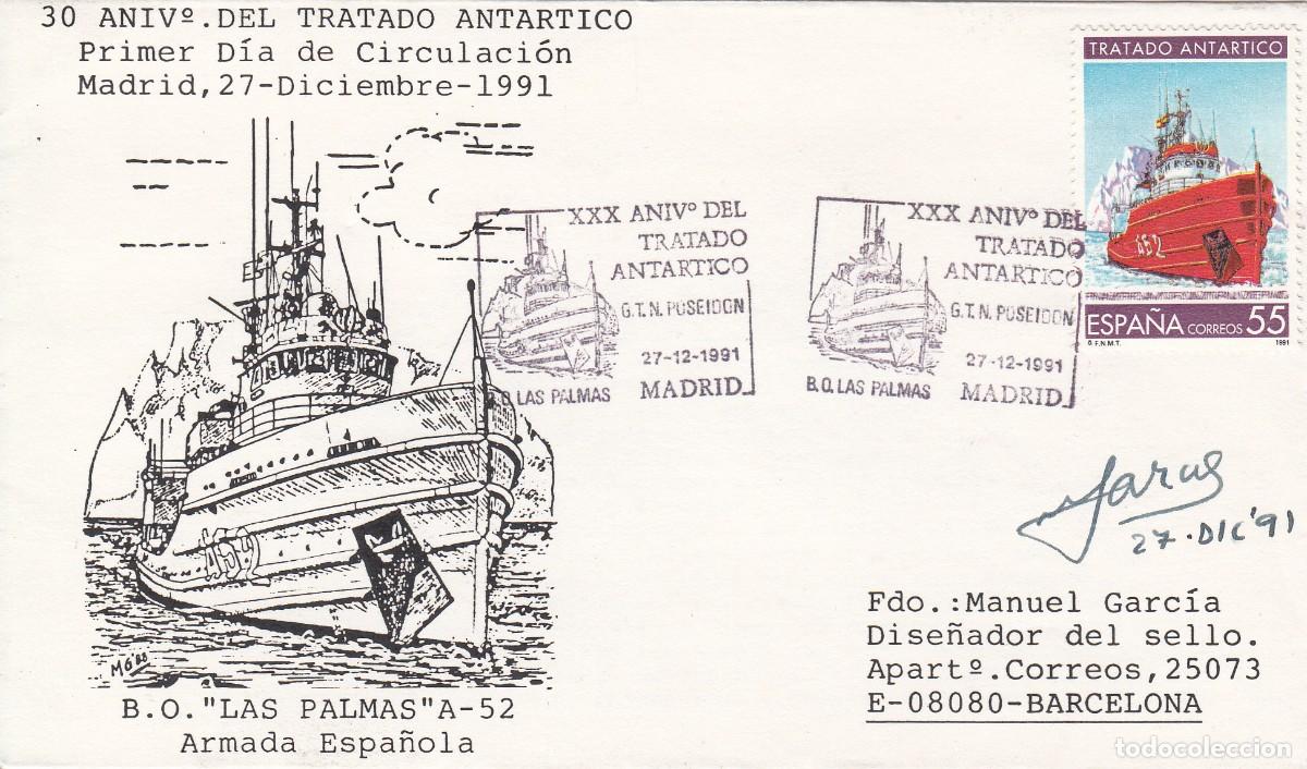 Sellos: MATASELLOS ANIVERSARIO TRATADO ANTARTICO - 1991 - PRIMER D&Iacute;A CIRCULACI&Oacute;N
