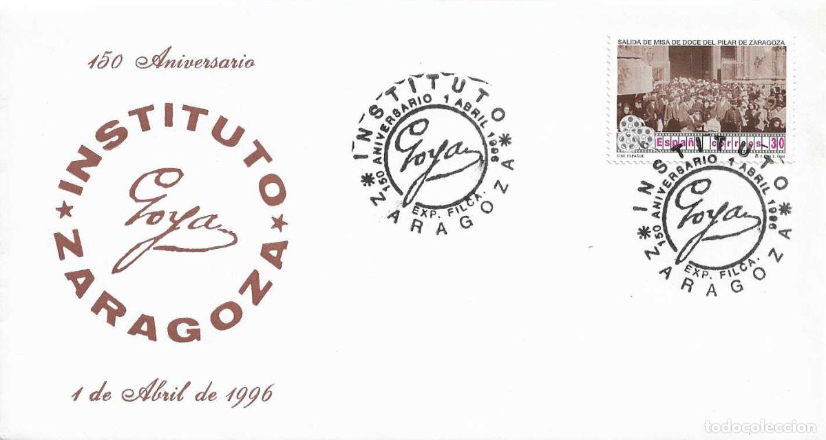 Sellos: ENSE&Ntilde;ANZA EDUCACION INSTITUTO GOYA 150 ANIV., ZARAGOZA 1 ABRIL 1996. MATASELLOS RARO SOBRE ILUSTRADO