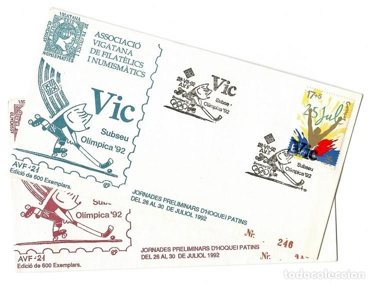Francobolli: 15 Sobres Vic Subseu Ol&iacute;mpica 92 Cobi Hoquei Patins Associaci&oacute; vigatana de Filat&egrave;lics i Numism&agrave;tics