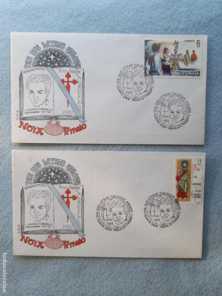 Francobolli: Lote de 2 Sobres D&iacute;a das Letras Galegas. A&ntilde;o Santo 1982. Noia.