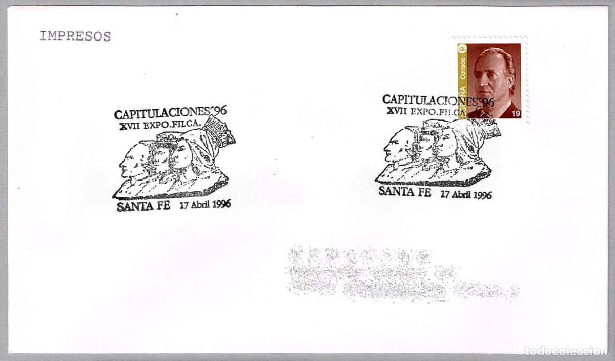 Sellos: Matasellos EXP.FIL. CAPITULACIONES'96 - REYES CATOLICOS Y COLON. Santa Fe, Granada, Andalucia, 1996