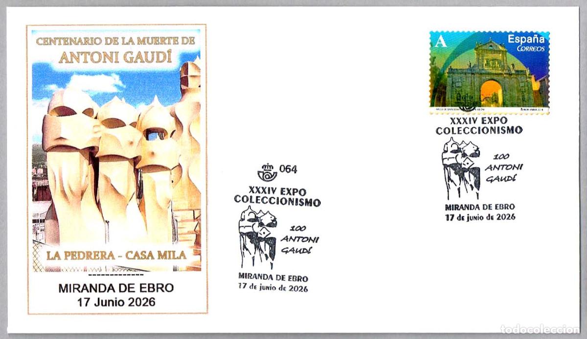 Sellos: Matasellos CENTENARIO MUERTE DE ANTONI GAUDI. Miranda de Ebro, Burgos, 2026