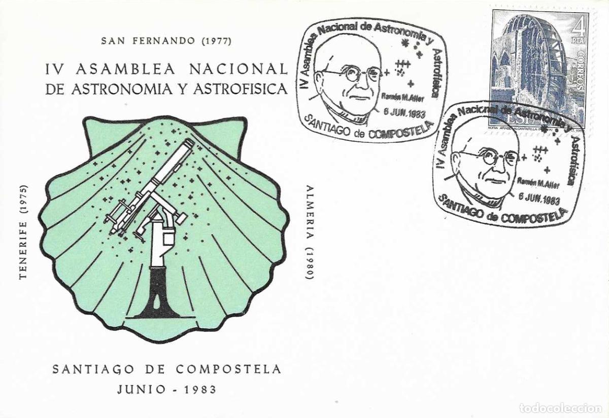 Sellos: RAMON M ALLER ASTRONOMIA ASTROFISICA ASAMBLEA, SANTIAGO DE COMPOSTELA CORU&Ntilde;A 1983 MATASELLOS TARJETA