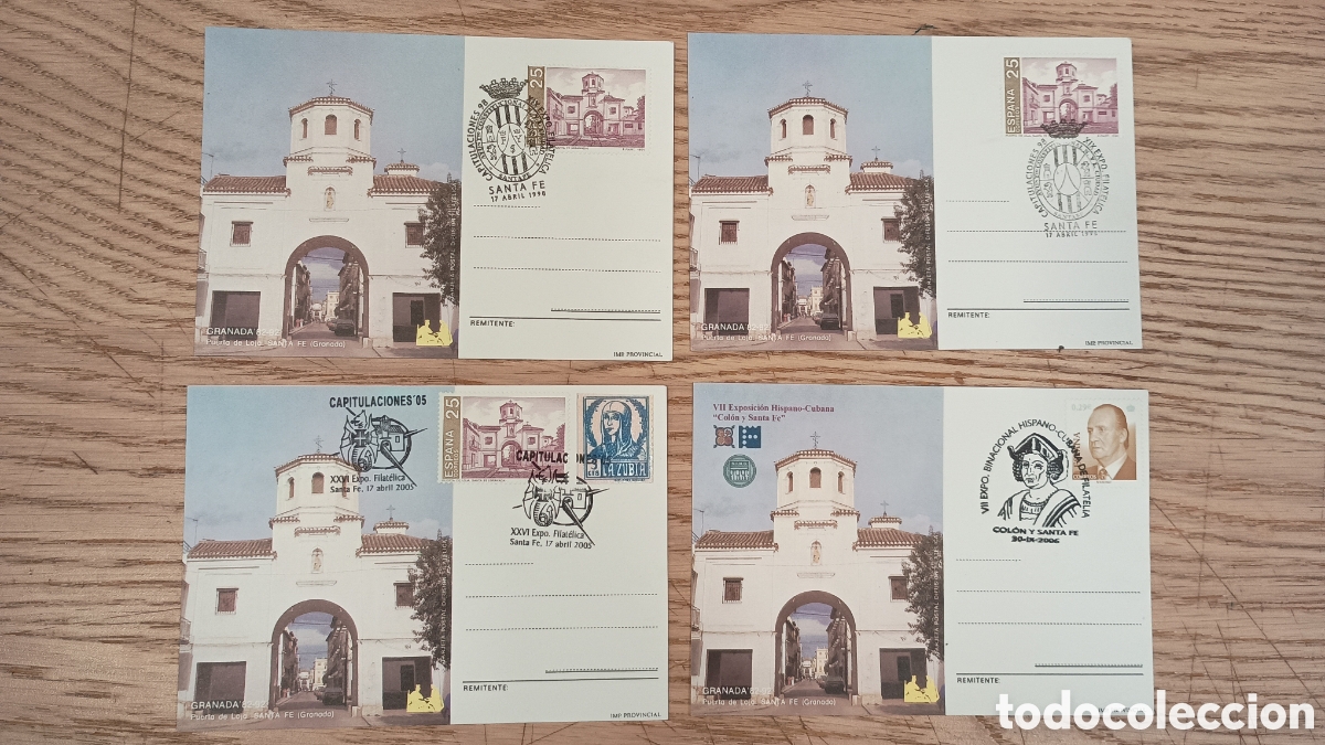 Sellos: ESPA&Ntilde;A - CAPITULACIONES DE SANTA FE (GRANADA) - LOTE DE 4 TARJETAS MATASELLADAS DISTINTOS A&Ntilde;OS