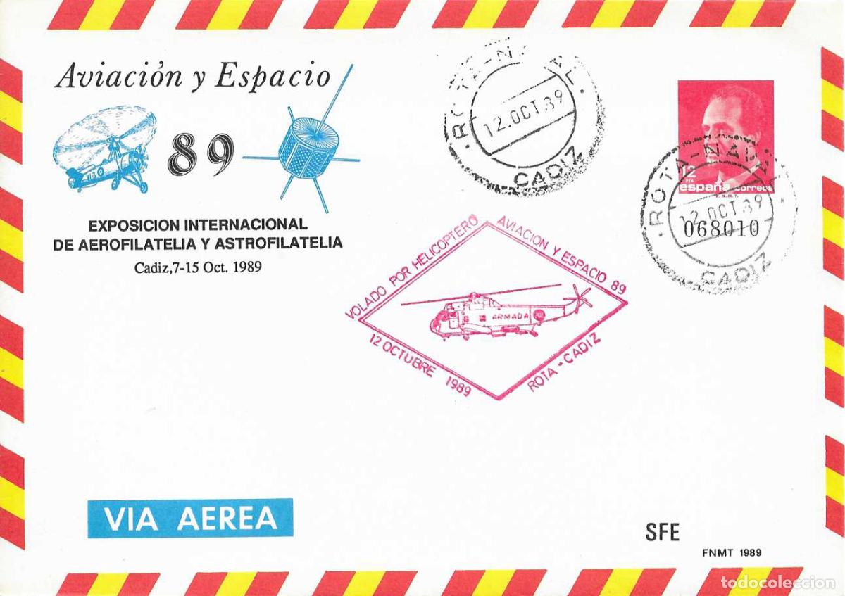 Sellos: RARO VOLADO POR HELICOPTERO MARCA AVIACION Y ESPACIO ROTA-NAVAL CADIZ 12 OCTUBRE 1989 SEP (EDIFIL 14