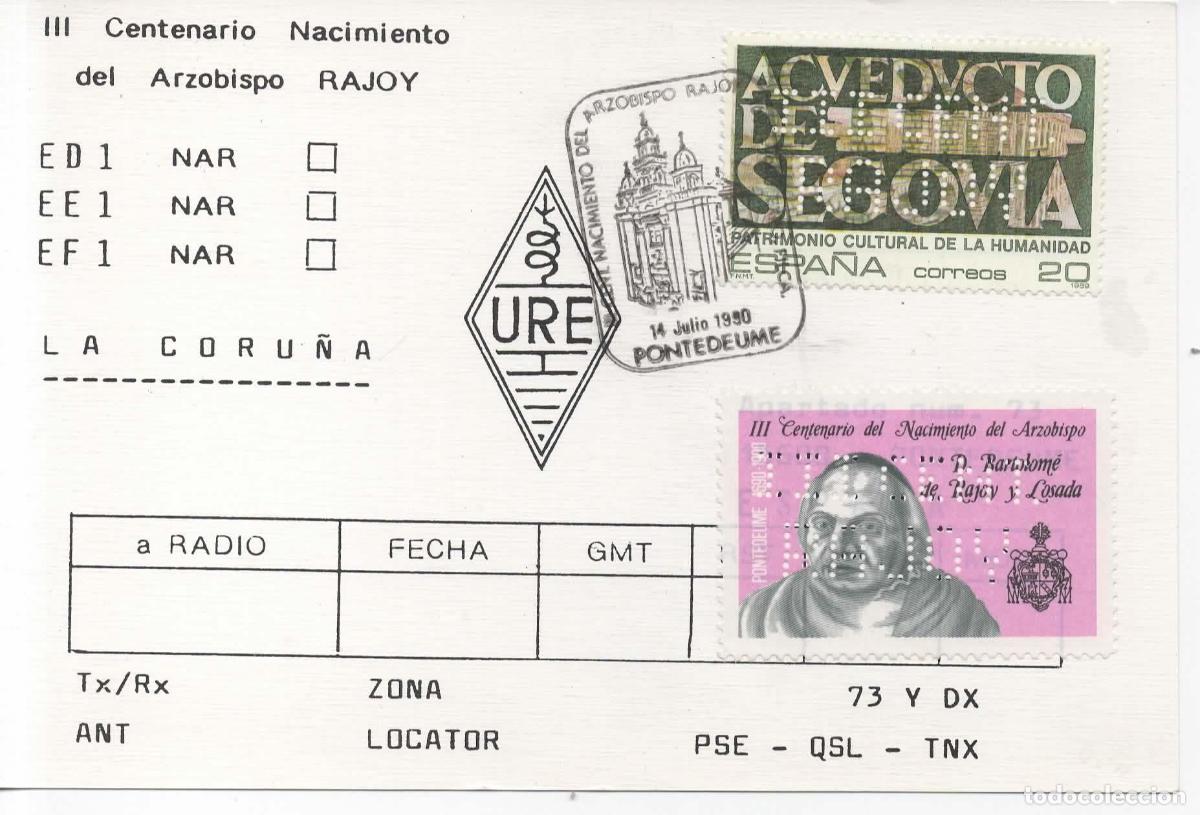 Sellos: ESPA&Ntilde;A PONTEDEUME 1990 MAT CEN NACIMIENTO DEL ARZOBISPO RAJOY SOBRE SELLO Y VI&Ntilde;ETA PERFORADO PERFIN