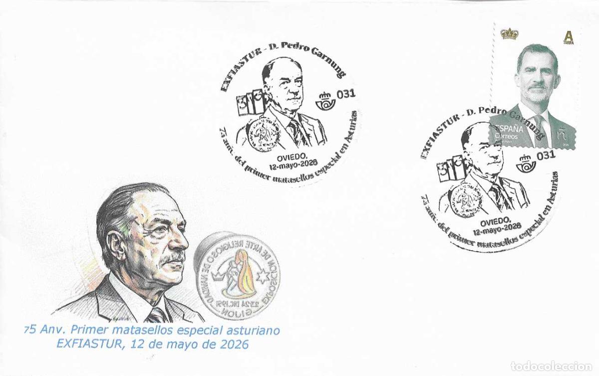 Sellos: PEDRO GARNUNG PRIMER MATASELLOS ESPECIAL ASTURIAS 75 ANIV, OVIEDO 2026. MATASELLOS EN RARO SOBRE VER