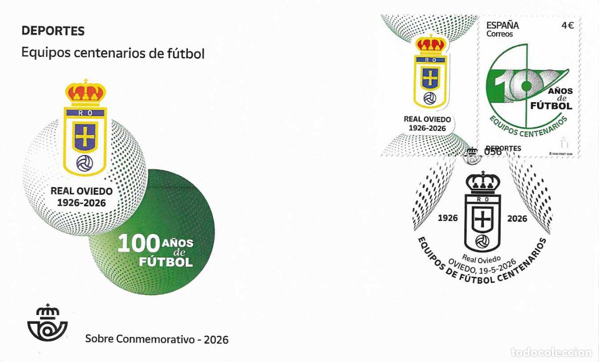 Sellos: FUTBOL REAL OVIEDO EQUIPOS CENTENARIOS, OVIEDO (ASTURIAS) 2026. MATASELLOS EN SOBRE VALIOSO FRANQUEO