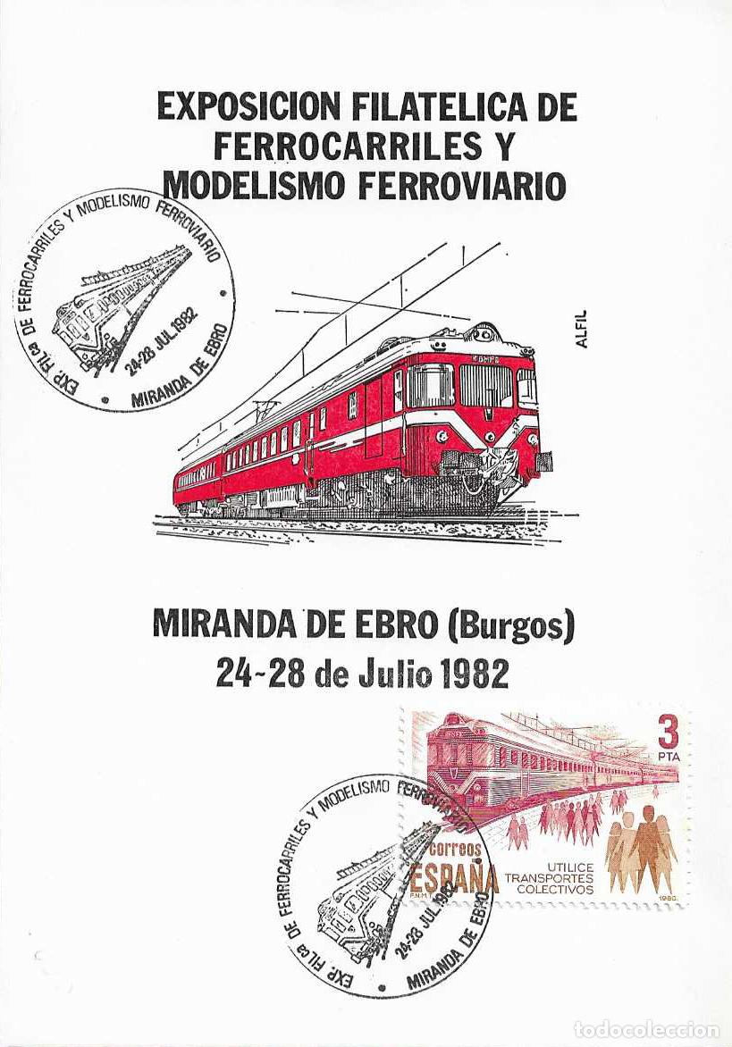 Sellos: TRENES MODELISMO FERROVIARIO, MIRANDA DE EBRO (BURGOS) 1982. MATASELLOS FERROCARRIL EN TARJETA ALFIL