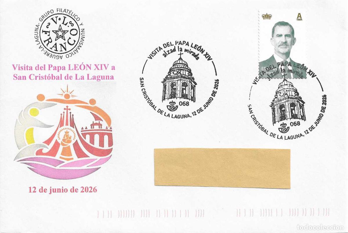 Sellos: VISITA DEL PAPA LEON XIV ALZAD LA MIRADA, SAN CRISTOBAL LAGUNA (CANARIAS) 12 JUNIO 2026. MATASELLOS