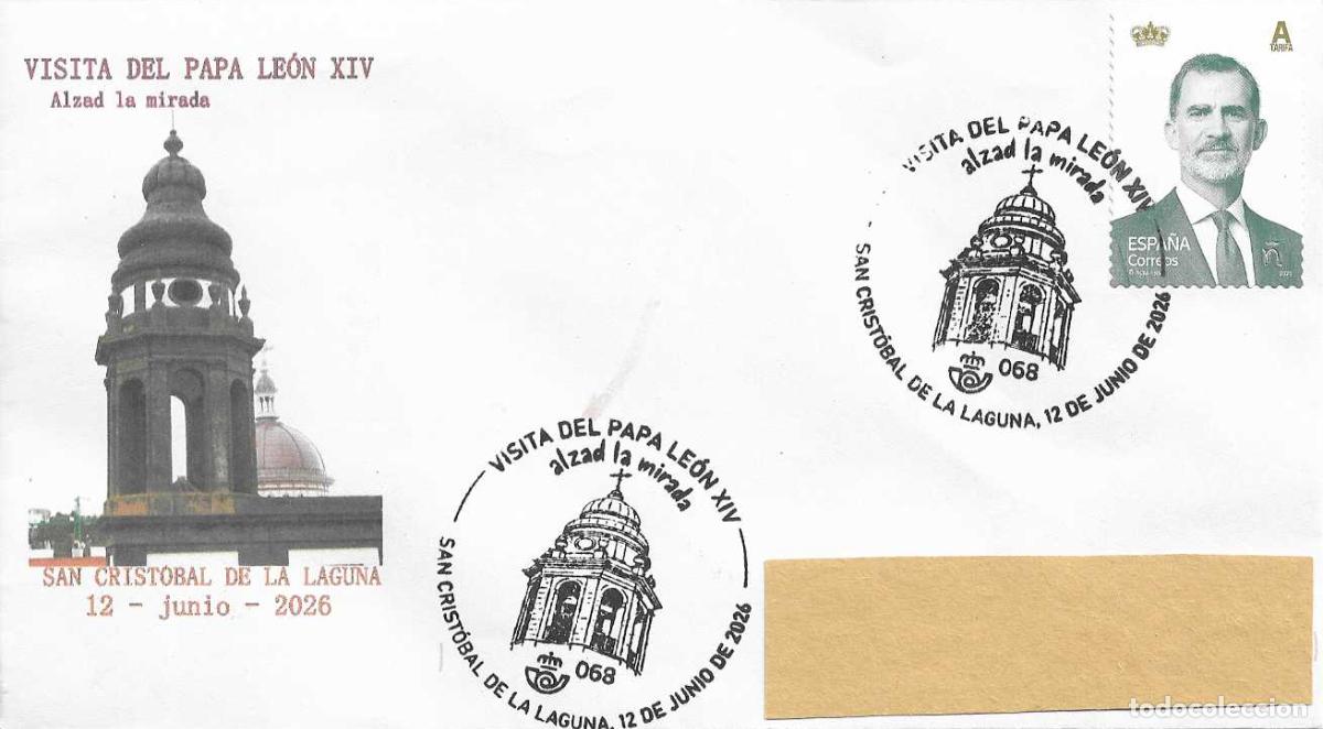 Sellos: VISITA DEL PAPA LEON XIV ALZAD LA MIRADA, SAN CRISTOBAL LAGUNA (CANARIAS) 12 JUNIO 2026. MATASELLOS