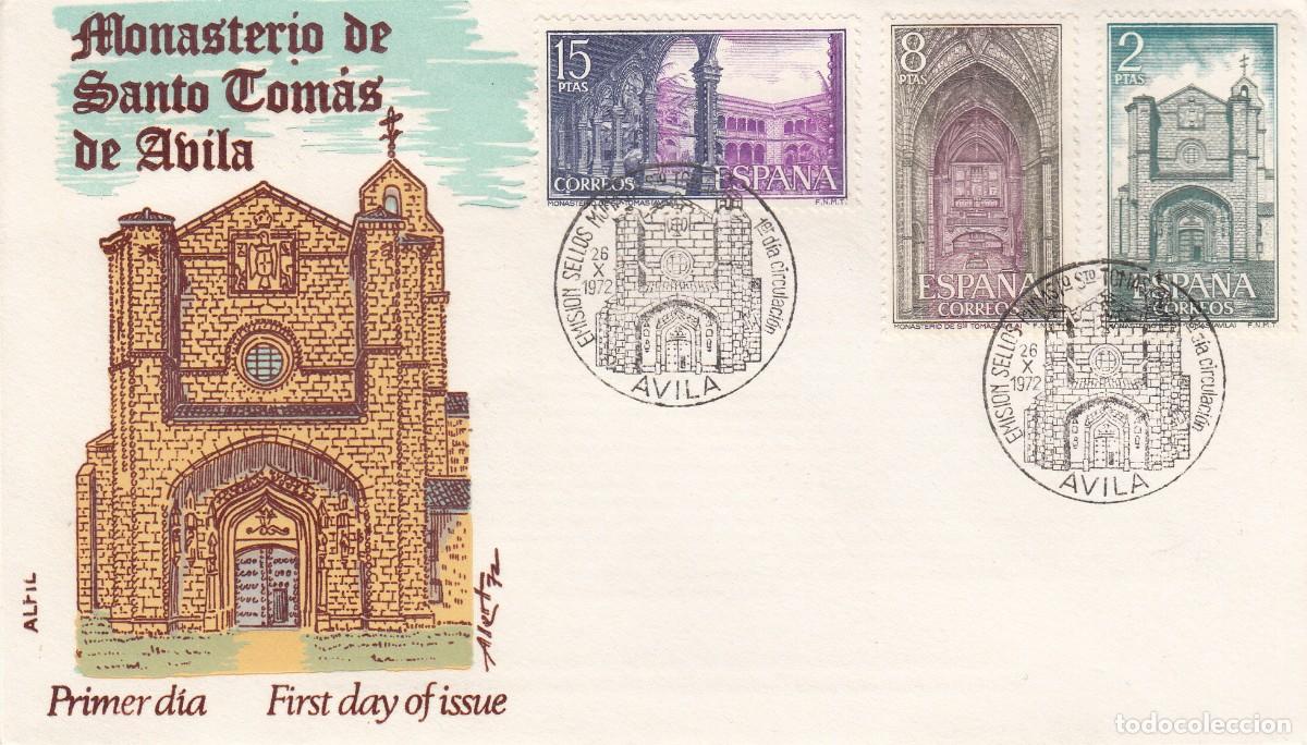 Sellos: SPD - PRIMER D&Iacute;A - 1972 - NUMS. 2111 A 2113 MONASTERIO DE SANTO TOM&Aacute;S CON MATASELLOS DE AVILA